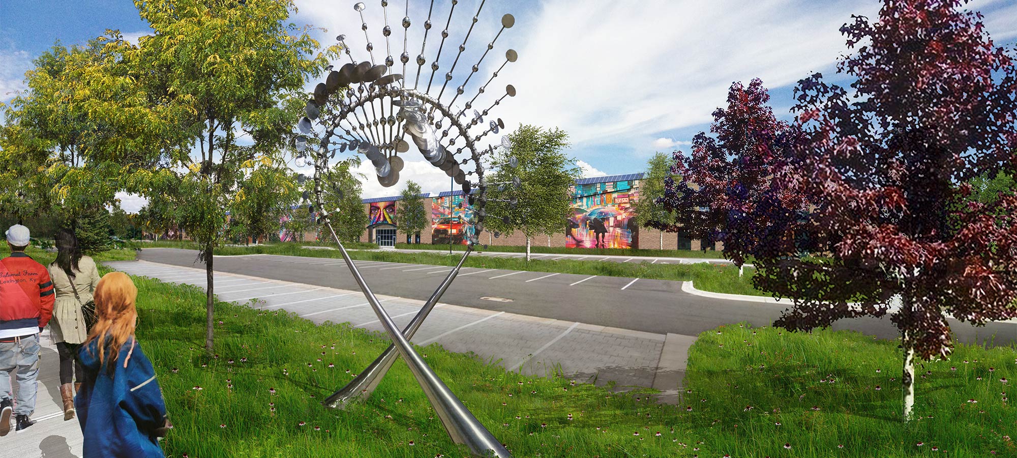 computer rendering of metal art sculpture on a grassy treelined boulevard next to a parking lot and 1 story building with large graphic images on the exterior