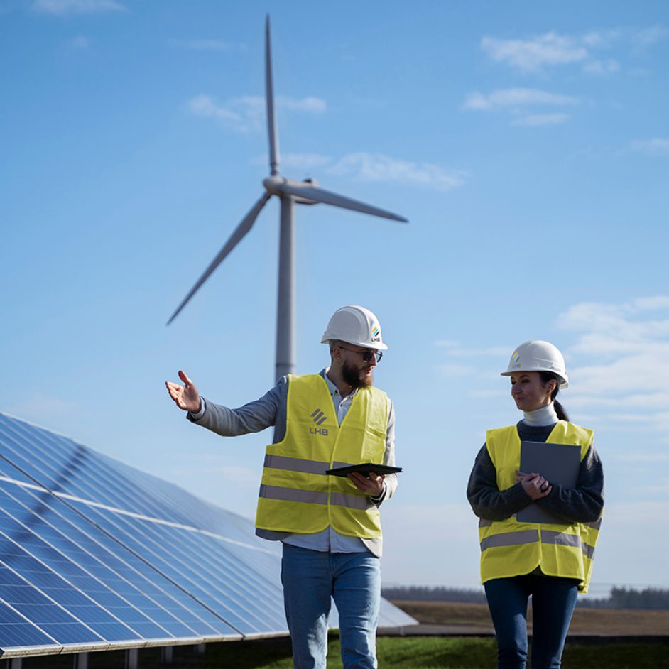 Two workers walking past a solar panel under a wind turbine