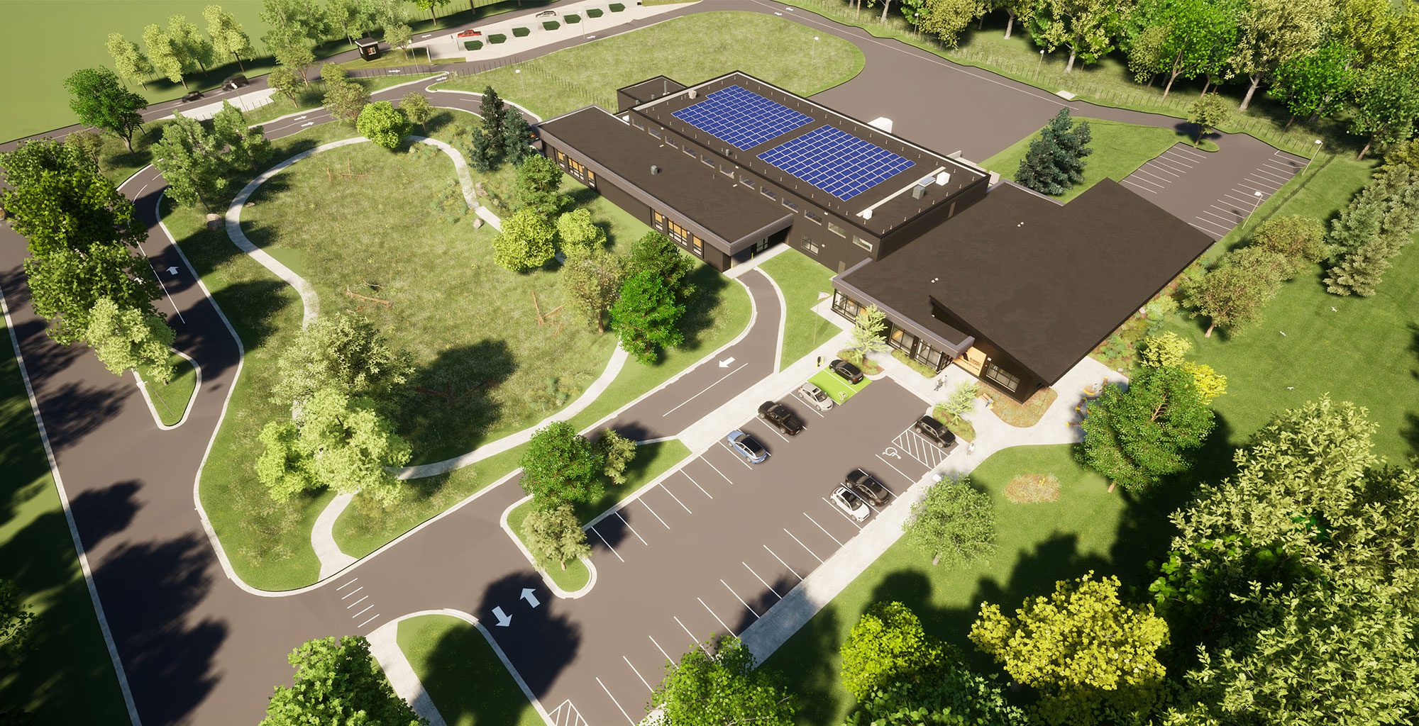 a birds eye rendering of a recycling center and parking lot