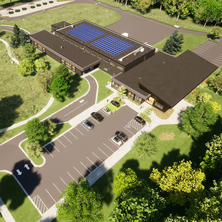 a birds eye rendering of a recycling center and parking lot